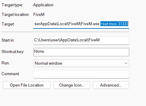 FiveM Dev shortcut Properties window showing the target path with +set moo 31337 appended