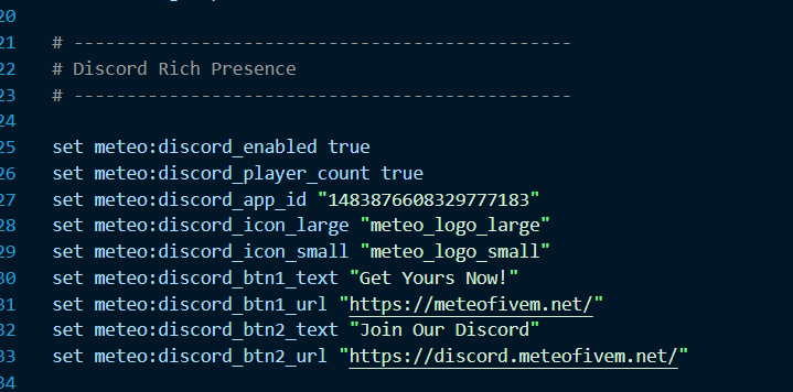 Meteo Server meteo.cfg with the Discord RPC convars set: discord_enabled, discord_player_count, discord_app_id, discord_icon_large, and discord_icon_small.
