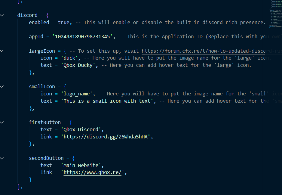 QBox qbx_core/config/client.lua showing the discord section with applicationId and icon key fields to update.