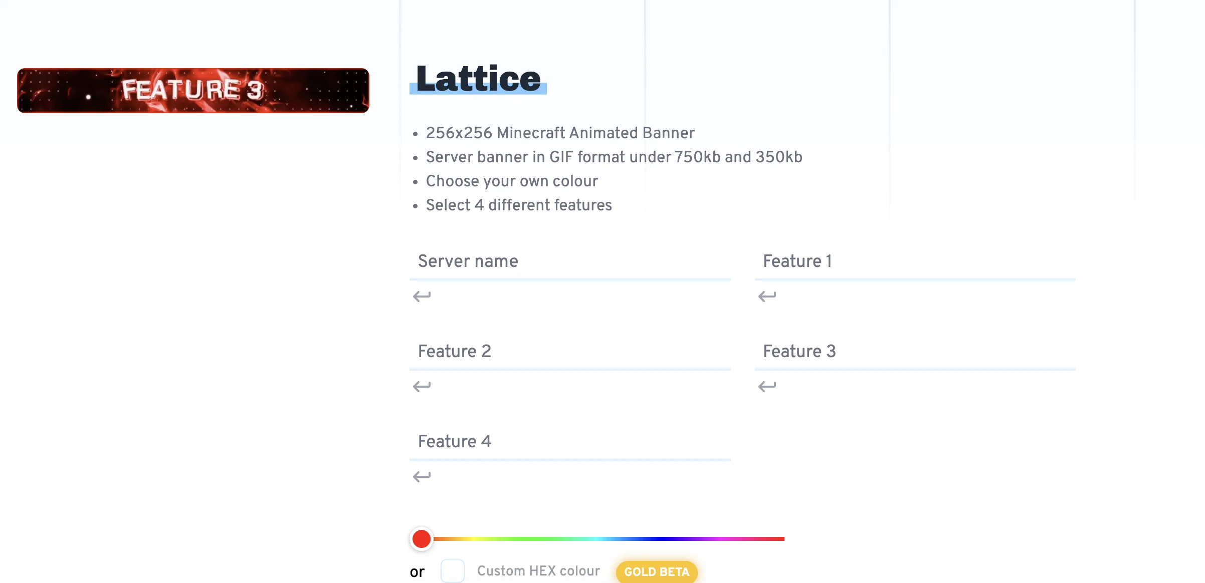 Creavite editor showing customization options for server name, colors and effects