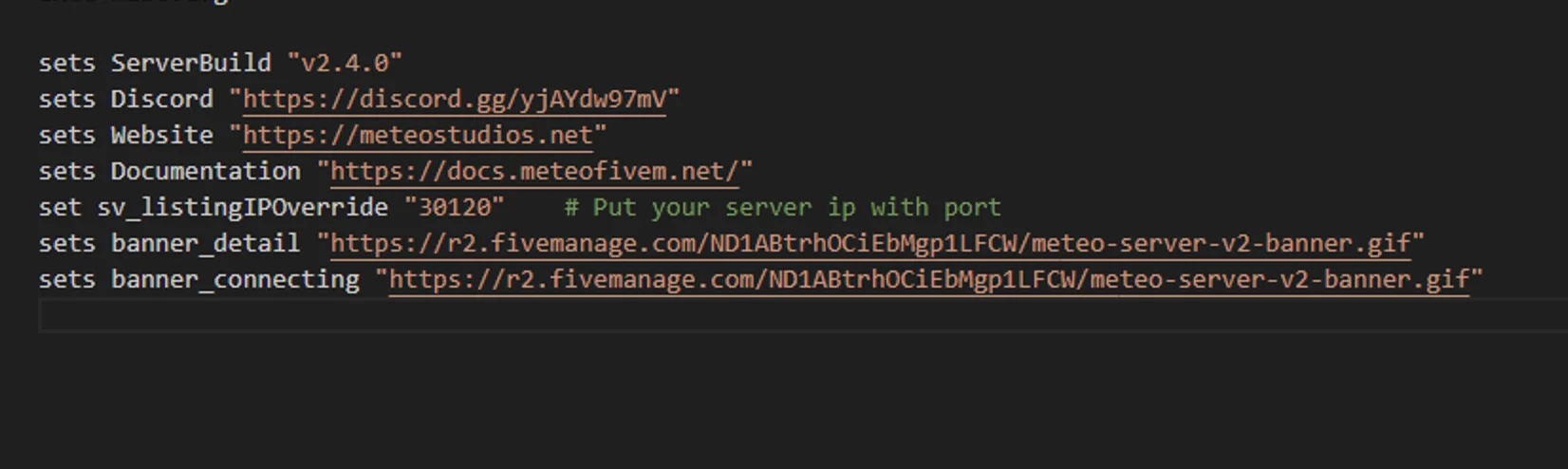 server.cfg file with sets banner_detail and sets banner_connecting lines configured