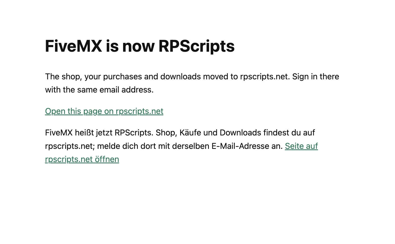 fivemx.com in October 2026: a notice that FiveMX is now RPScripts, with purchases and downloads moved to rpscripts.net