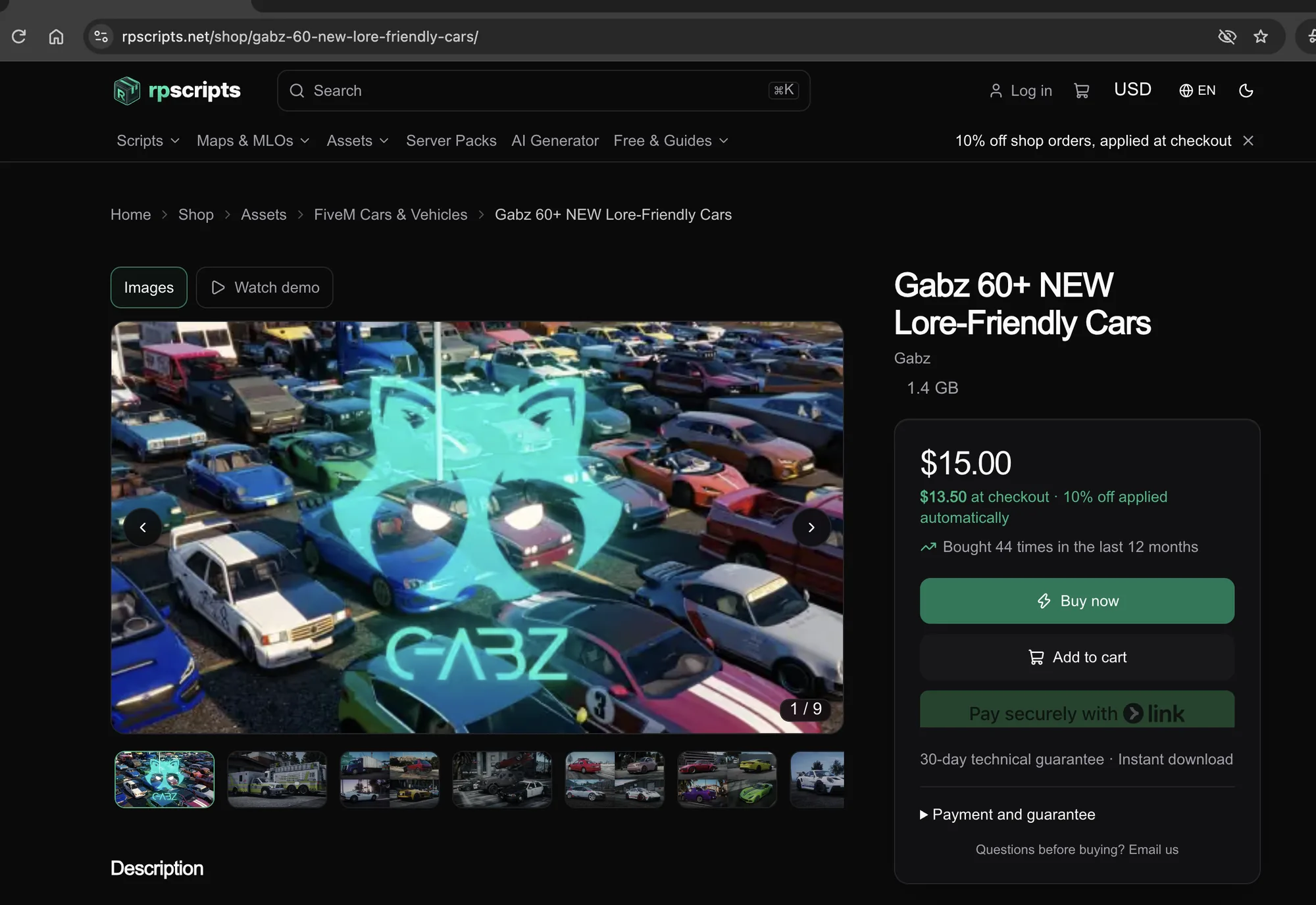 RPScripts listing for Gabz lore-friendly vehicles at $15 with Gabz named as the creator
