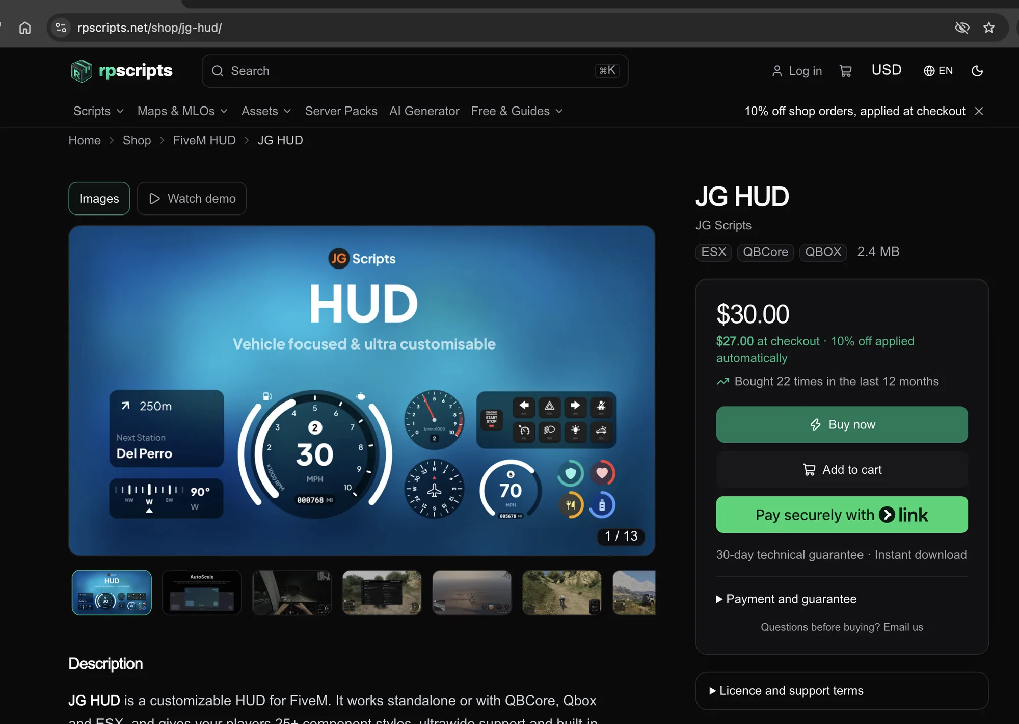 RPScripts listing for JG HUD at $30 with JG Scripts named as the creator and a Stripe checkout