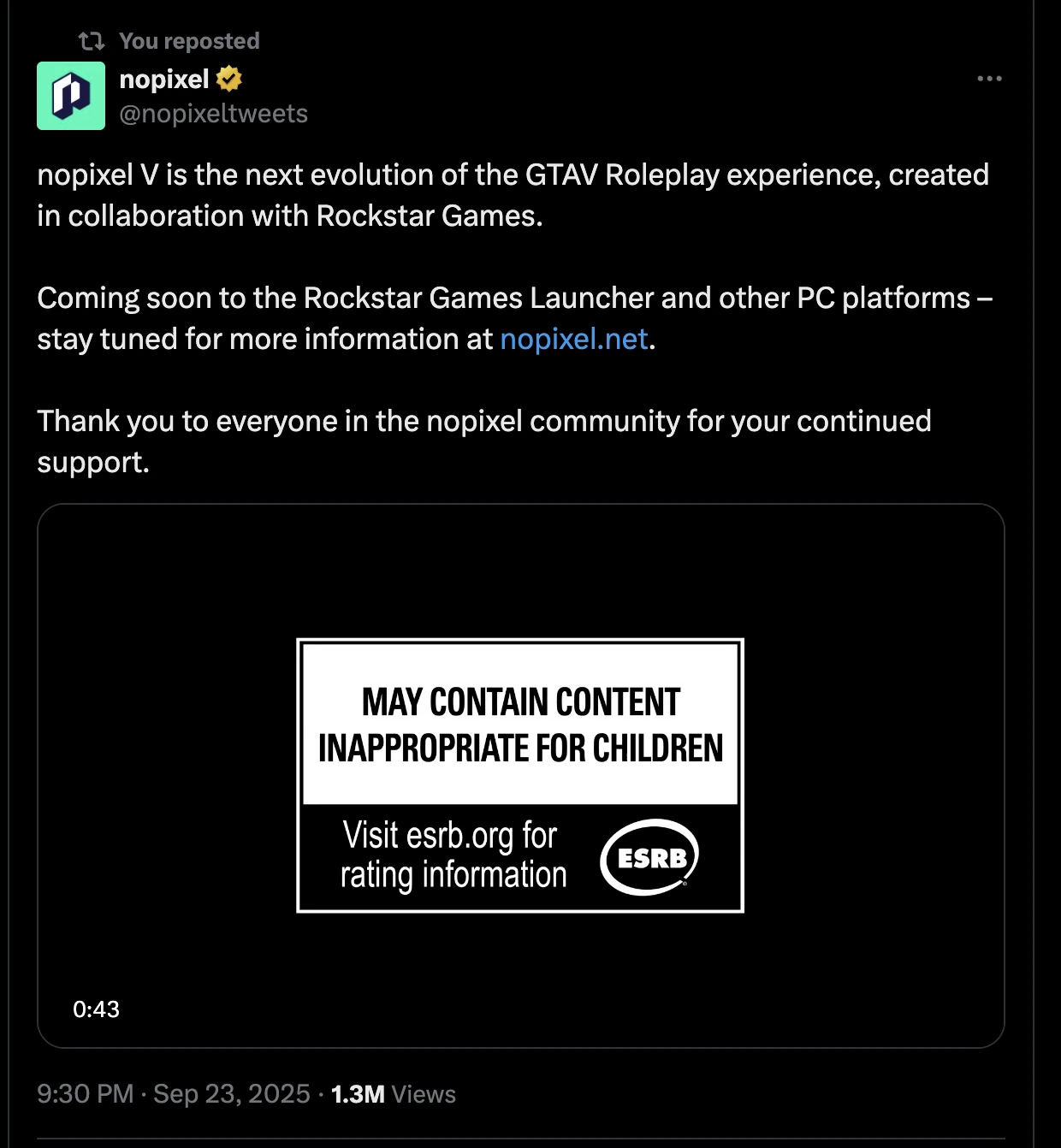 NoPixel V Official Tweet