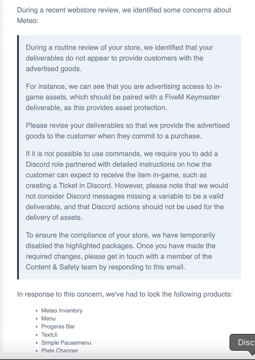 Tebex Content Review taken action