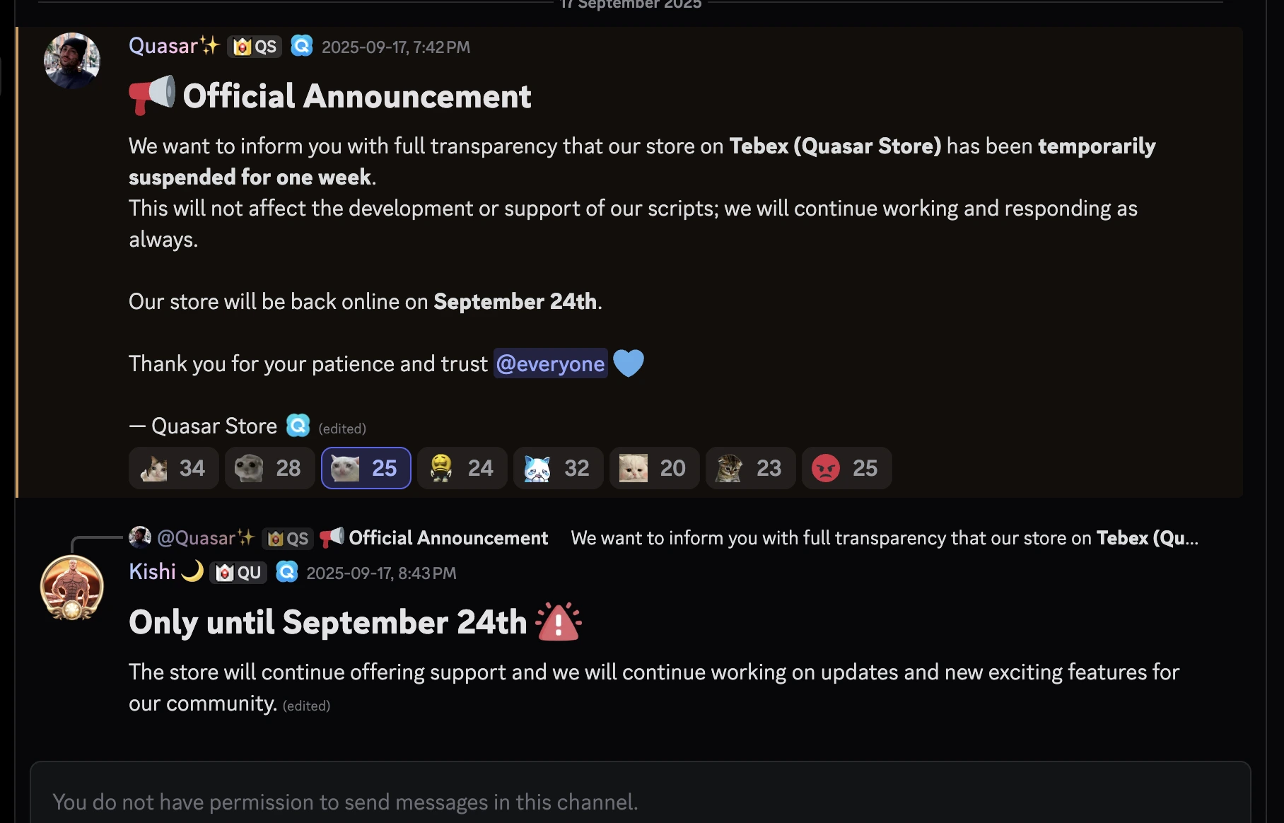 Quasar Store Suspension form their discord announcement discord.gg/quasar